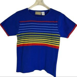 Vintage 90s Liz Claiborne Lizwear Striped Short Sleeve Blue Knit Top Size Small